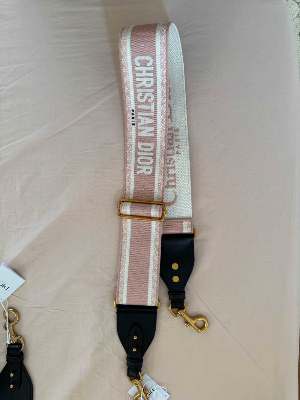 Dior Pink and White Webbing Phone Case Strap with Gold Hardware